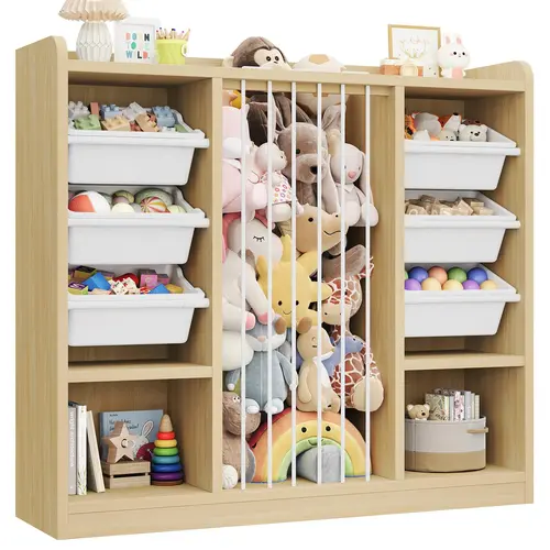 ONBRILL Sturdy Large Solid Wood Storage Rack - Anti-Tip Base, 6 Removable Bins for Blocks, 2 Open Cubbies, Rounded Edges Soften Play, Kids’ Nursery Bookshelf for Plush Toys & Books, Toddler Bedroom Furniture