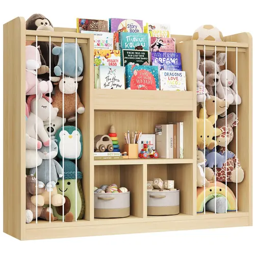 【SummerFinds】ONBRILL Two Wooden Stuffed Animal Storage, Toddler Toy Storage Organizer with 4-Tier Kids Bookshelf and 3 Open Cube Shlef, Multifunctional Bookcase for Kids Rooms Playroom Nursery