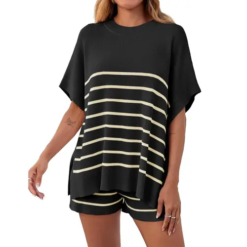 Fisoew Women's 2-Piece Striped Sweater Set, Elastic Round Neck Oversized Batwing Short Sleeve Top & High Waisted Drawstring Baggy Knit Lounge Shorts for Summer