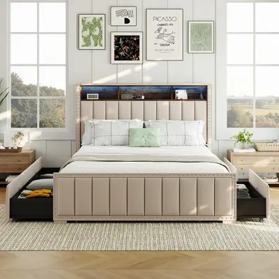 Sweetcrispy Modern Furniture Platform Bed Frame with 4 Storage Drawers, Headboard, LED Lights & Electricity for Household Bedroom (LED Lights Bedroom Compatible)