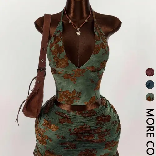 Women's Floral Print Deep V Neck Crop Top & Tight Mini Skirt Set, Sexy Chic Two-Piece for Back-To-School Season Fashion