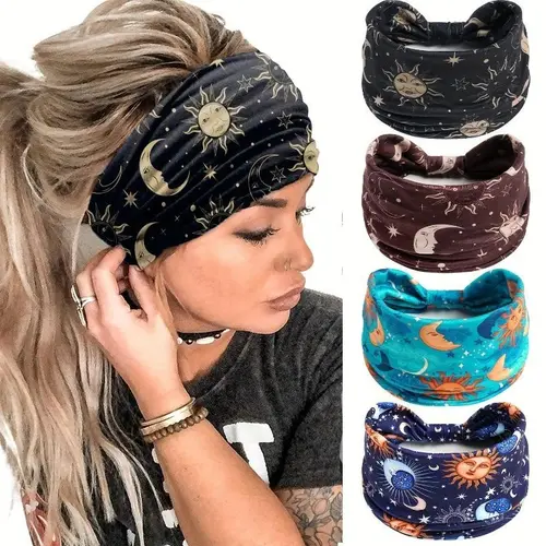 Women's Star and Moon Pattern Wide Headband Set, Elastic Anti-Slip Twist Hairbands, Boho Hair Accessories, Summer Hair Accessories