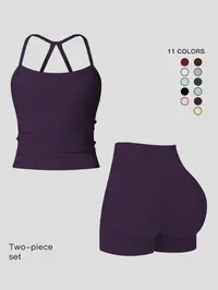 Women's Sporty Quick-Dry Two-piece Set, Solid Backless Cami Top & High-Waisted Tummy Control Butt-Lifting Shorts, Ladies' Sportswear for Indoor and Outdoor, Yoga Gym Running Wear, Yoga Activewear, Workout Running Outfits, Athletic Set, Yoga Fashion Set