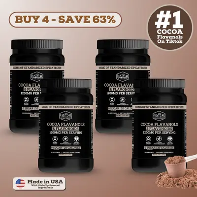 Black Forest Supplements Cocoa Flavanols & Flavonoids Beverage Powder Packet, 4 Bottles - 1200mg/Serving, 600mg Epicatechin, Vegan Caffeine-Free Antioxidants Nutritional Supplements, Supports Circulation, Energy, Powder Packet Antioxidants Nutritional Sup