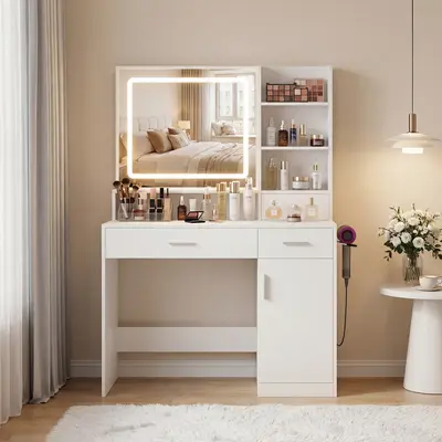 Sweetcrispy LED Lights Makeup Vanity with Mirror - Solid Finish Vanity Aesthetic Dressing Table, 2-Drawer 1-Door or 3-Drawer 2-Door Options for Modern Indoor Furniture