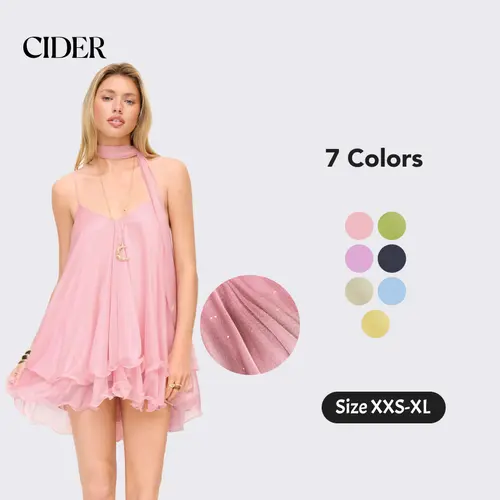 Cider V-Neck Halter Ruffled Hem Tulle Glitter Mini Dress Casual Wear Sexy Glamorous Women's Party Clubbing Festival Gown, Oversized Loose Fit Bounce Sundress with Scarf for Summer SohoChic