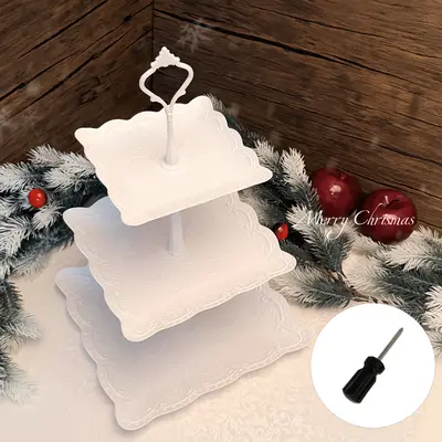Sebastian CADIA 3-Tier Square White Embossed Plastic Cupcake Stand - Durable Serving Tray for Cupcakes, Fruit - Festive Party Decor for Weddings, Baby Showers