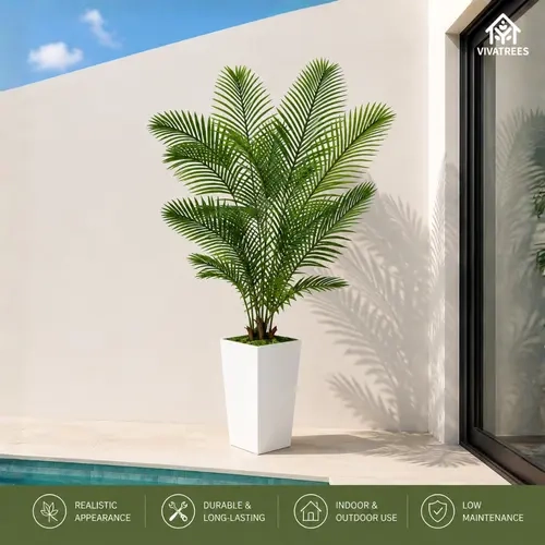 6FT Artificial Palm Tree with White Planter, Tall Faux Potted Palm with Lifelike Leaves for Indoor & Outdoor Home, Office, Patio & Porch Decor Elegant Leaf Design