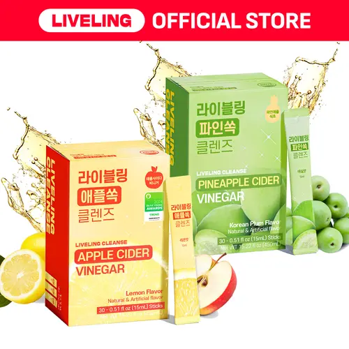 LIVELING Cider Vinegar Liquid Sticks - 7500mg ACV, Sugar Free, Low Calorie, 2-Flavor Healthy Fruit Packs (Lemon Included), Clean, 60 Sticks