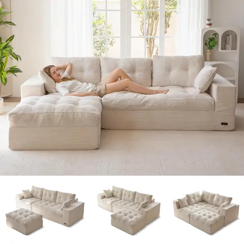 【2 Package Shipping】MAXYOYO 104"/132'' Sectional Cloud Couch with Ottoman, Cloud Boneless Modular Couch, Layered Cushion & Tufted Upholstered, 4-in-1 Flexible Combination, No Assembly Required