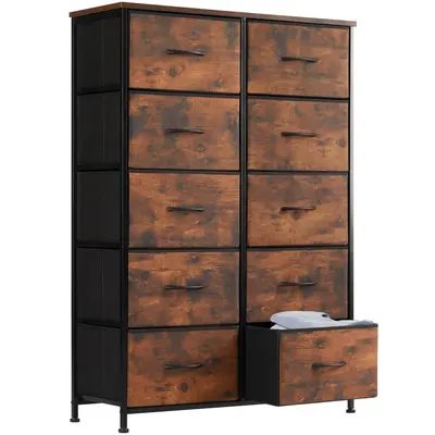 Sweetcrispy Rustic Brown Wood Grain Print Bedroom Dresser - 10 Fabric Drawers Steel Frame Dresser, Multifunctional Storage Cabinet, Storage Wardrobe Cabinet, Furniture for Bedroom & Closet