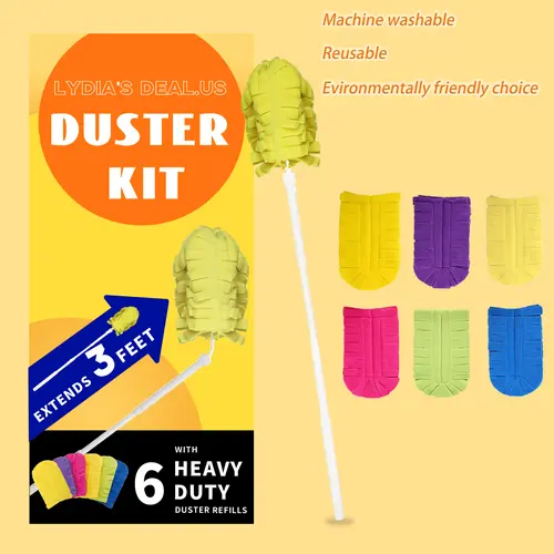 Extendable Handle Duster with 6 Refills Compatible with Swiffer, Microfiber Duster Refills with 3 ft Extendable Handle for Household Cleaning Supplies summerwins Cleaner Reusable Heavy Duty Machine Washable