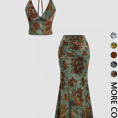Women's Floral Bohemian Deep V Neck Crop Top & Fish Tail, Sexy Two-Piece Summer Outfit Set, Back-To-School Fashion, All-Over Print Design