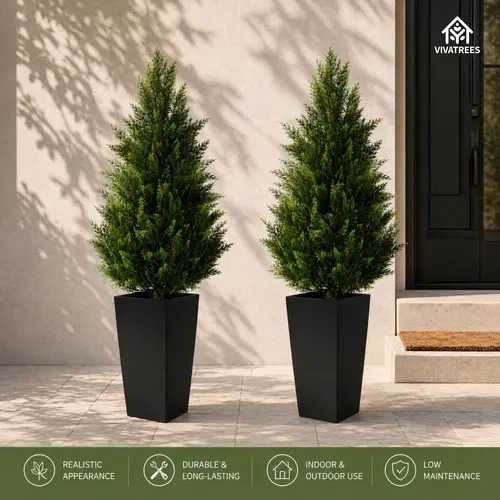 [Set of 2] 3FT/ 4FT/ 5FT Artificial Cedar Topiary Trees Faux Cypress Trees with Rustic Barrel Planter, Square Black Planter Pot UV Resistant Indoor Outdoor Plants for Porch Patio Entryway Home Decor