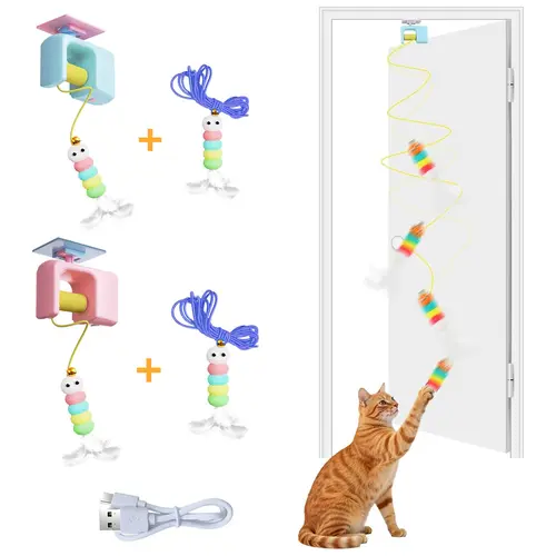 Kawiwi Interactive Cat Toys, Echargeable HangingDoor Cat Toy with Replacement Toy and Elastic Rope, Automatic Electric Flying Feather Cat Toy for Chase Exercise Enrichment Stimulation, Durable Safe Hanging Toy for Bored Kittens Adult Multi Cat Households