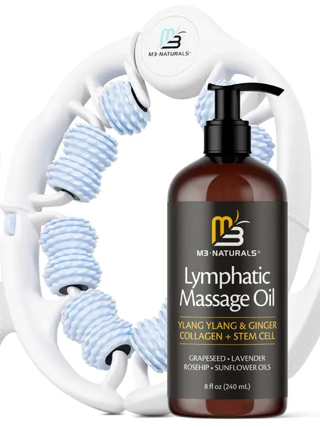 M3 Naturals Lymphatic Drainage Massage Oil + Body Roller Kit (8oz/240ml) - Ylang Ylang, Ginger, Collagen, Stem Cells - Legs Pain Relief, Selfcare, Circulation, Detox, Cellulite Removal, Skin Firming - Single Item Bath & Body Care Oil