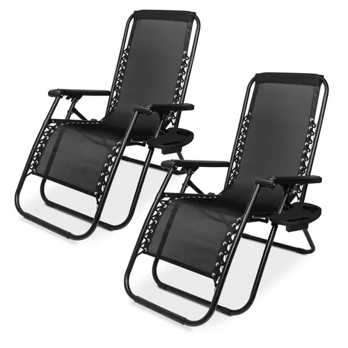 Set of 2 Adjustable Steel Mesh Zero Gravity Lounge Chair Recliners w/Pillows and Cup Holder Trays