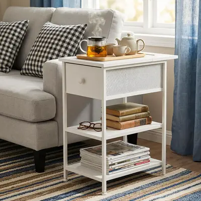 End Table with Shelves and Charging Station, Flip Top Side Table with USB Ports and Outlets, Bedside Table