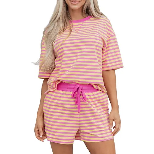 Asvivid Women's Stripe Two Piece Set Drop Shoulder Casual T Shirt & Short Set - 2 Pieces Set Versatile Summer Outfit Clothes Matching Breathable