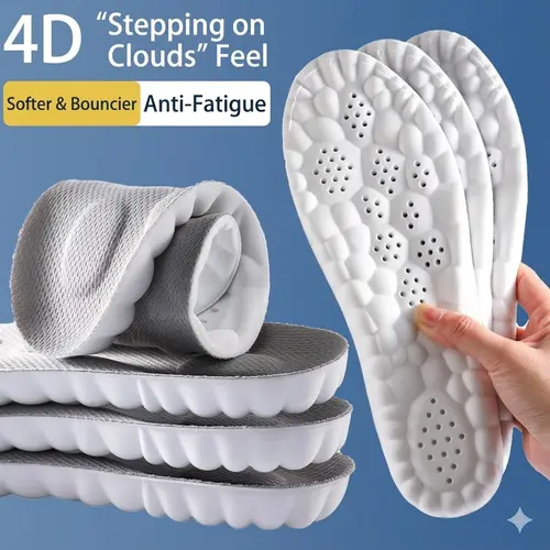 4D High Elastic Shock-Absorbing Sports Insoles - Cushioned "Cloud-Like" PU Full Insoles for Men & Women, Antibacterial, Odor-Resistant, Breathable, Sweat-Absorbent, Suitable for Casual/Sneakers/Work Shoes, Footwear,Cuttable, Breathable Insoles & Heel Line