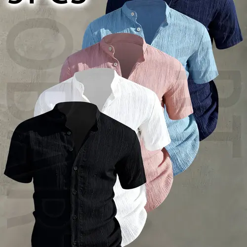 5pcs Men's Summer Short Sleeve Tropical Shirt - Lightweight Breathable Solid Color Classic Button-Up Casual Shirt with Stand Collar, Low-cut collar designr Beach Vacation, Pool Party & Casual Attire, Beach Shirt, gift for husband