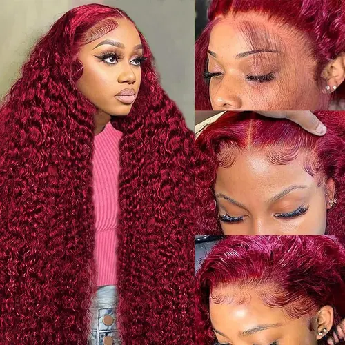 Zlzlblbl 30 Inch 99J Burgundy Curly Wave Lace Front Wigs Human Hair 200% Density 13x6 HD Lace Frontal Wigs for Women Loose Curly Wigs Natural Looking Wig