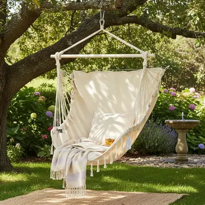 Single Hammock Chair with 2 Cushions, 330 LB Capacity & Fringe Cotton Rope Design，Foldable Indoor Outdoor