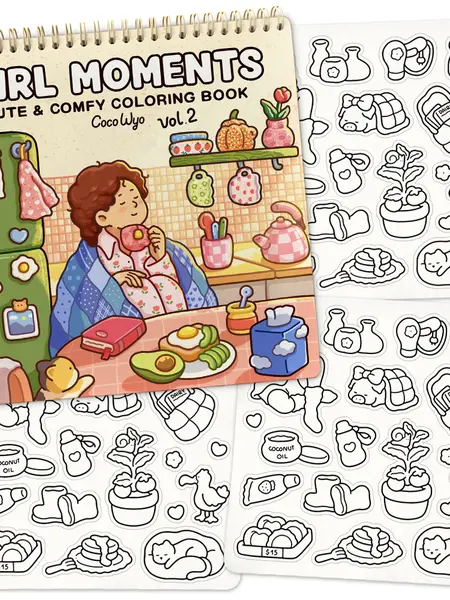 Coco Wyo Girl Moments Vol.2 Coloring Book (Spiral Bound) & Sticker Set - Cute Style, English Cozy Coloring, Beginner-Friendly, Cute Gifts for Girls, Art