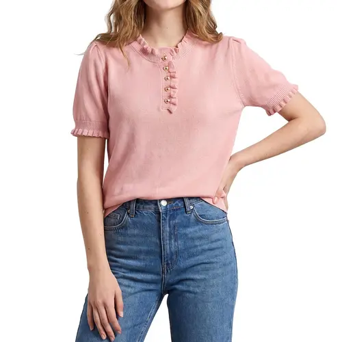 Shewin Women's Ruffle Trim Short Sleeve Knit Top, Crew Neck Half Button Lightweight Pullover Casual Basic Blouse,clothes for back to school,first day of school outfits,sohochic