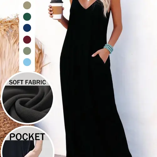 Women's Loose-Fit Soft Fabric Sleepwear, Minimalist Plain-Color Sleeveless Backless Spaghetti Strap Style with Pockets, Plain Cami Nightdress