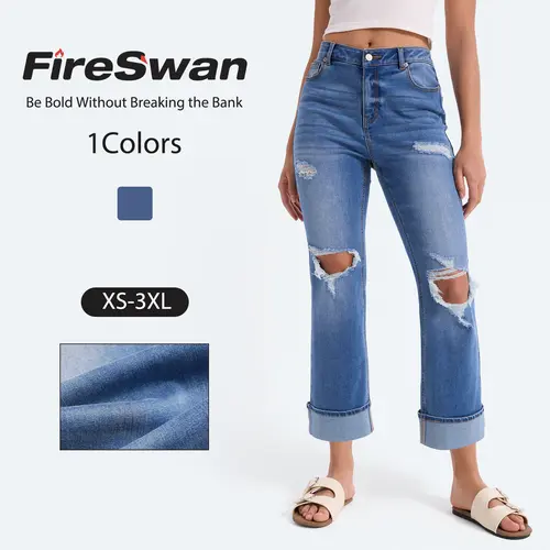FireSwan 2026 New Vintage-Washed Women's Jeans - Ripped Frayed Design, Slightly Flared Slim Fitted, Vintage Fits Flair Jeans for Spring/Summer/Fall, Women's Clothing Casual Bottoms
