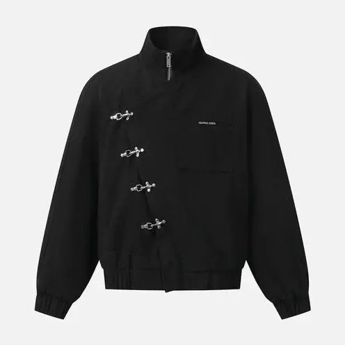 Aelfric Eden Boxy Jacket Long Sleeve Stand Collar Metal Button Slant Placket Retro Y2K Unisex Streetwear Casual Jacket,clothes for back to school,first day of school outfits,sohochic