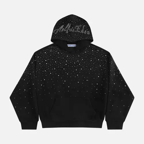 Aelfric Eden Starry Rhinestone Hoodie Dense Rhinestone Embellishment Rhinestone Brim Lettering Oversized Fit Unisex Vintage Streetwear Hoodie,sohochic