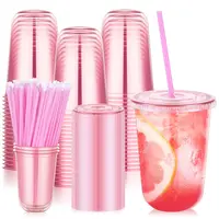 Kesaplan 50Pack 300ml/400ml Pink Plastic Party Cups with Flat or Sippy Lids and Straws,Disposable Iced Coffee Cup with Lids,Round Bottom Drinking Cups for Birthday Wedding Valentine's Galentine's Bachelorette Party