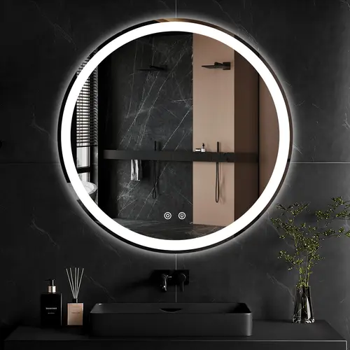 Sweetcrispy Round LED Lighted Bathroom Vanity Mirror - Tempered Glass, On-Demand Defog, Dimmable 3-Color Lighting, Memory Function, Makeup-Ready Home Improvement Fixture