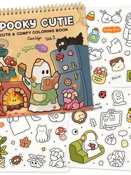Coco Wyo Spooky Cutie Vol.2 Spiral Bound Coloring Book & Sticker Set - Adult Halloween Activity Book, Cozy Coloring Office Art Supplies for Holidays, Birthdays Enthusiasts, Lay-Flat Binding