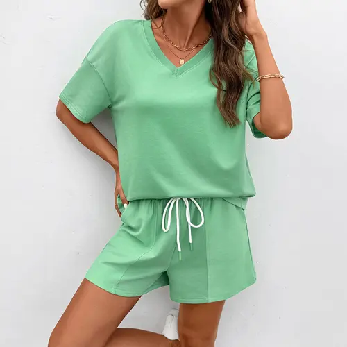 Shewin Women's 2-Piece Casual Loungewear Set - Ribbed Knit Short-Sleeve V-Neck Top & Drawstring High-Waisted Shorts Flatter Above-Knee Fit, 35% Stretch Cotton-Blend Durable Minimalist Daily Wear, Multi-Size, Low Temp Dry