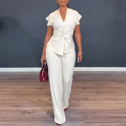 CHICME Women's 2 Pieces Outfit V-Neck Short Sleeve Twist Front Zipper Back Top & Elastic Waist Straight Leg Pants Set - Business Casual Commuter Set