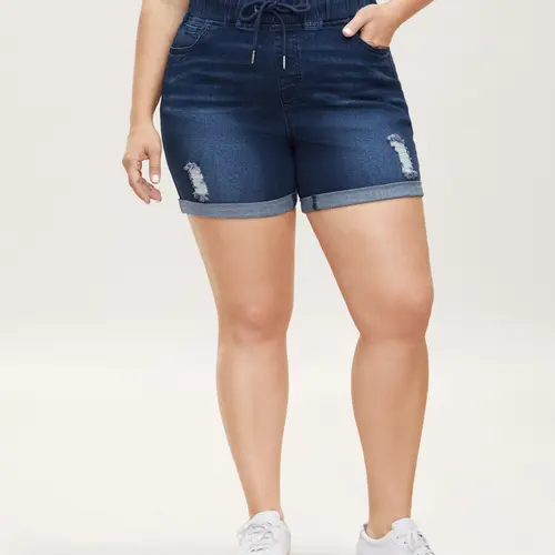 BLOOMCHIC Women's plus size denim shorts[M-6X] - Distressed,Drawstring,Roll Hem,Elastic Comfy Waist,Flattering Fit,Curvy Clothing,hot girl summer outfit,2026 Summer Everyday Wear,Bottom Womenswear Leg,Summerfinds,back to school shopping，SohoChic