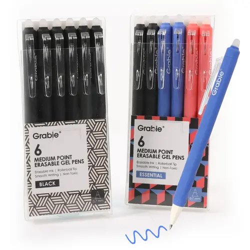 Grabie Medium Point Retractable Erasable Gel Pen Set (6-Pack) - Back to School, Reusable Ink Pens for College & Elegant Students, Note Taking Tools, Reusable Pen, Class Reward Gift Idea, School Supplies