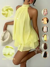 Women's Chiffon Halter Tie Mini Dress, Backless, Women Dating Dress, Women Night Out Dress, Summer Dresses For Women, Honeymoon Outfits Woman, Women Wedding Guest Dress, Island Vacation Outfits, Sun Dresses For Women, Halter Neck, Chic, Evening