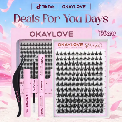 OKAYLOVE Vixen Lash CLusters Kit, Manga Lash Extension with Waterproof Long-lasting Lash Bond and Seal,Tweezers and Remover for DIY Eyelash at Home Easily, Natural Makeup Girl Gifts #backtoschool #sohochic
