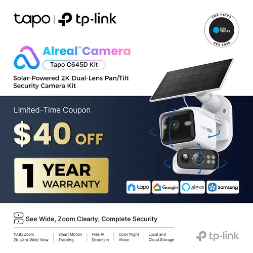 TP-Link & Tapo  C645D KIT Dual Lens Pan/Tilt Security Battery Camera Wireless w/Solar Panel, 2K 3MP 165° Wide-Angle + 6mm Telephoto, Free Person/Vehicle Detection, 360° Pan, SD/Cloud Storage, Works w/Alexa & Google  #SummerWins #DealsForYouDays, Wi-Fi
