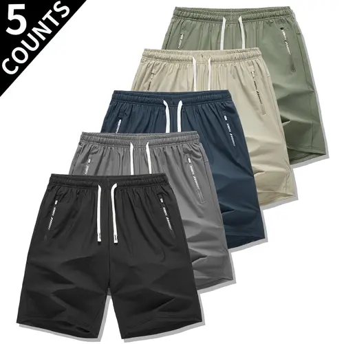 Men's 5-Piece Athletic Training Shorts Set - Adjustable Drawstring, Secure Side Zipper Pockets, Comfy Stretch Fitness Workout Shorts for Gym, Casual Street Style, Drawstring Sports Shorts