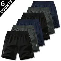 Men's 6-Piece Plain Ice Silk Shorts Set - Lightweight, Breathable, Quick-Drying, Zipper Pocket, Reflective Strip, Fitted Cut, Above the Knee, Lightweight Utility Men's Shorts for Running, Fitness, Male Clothing