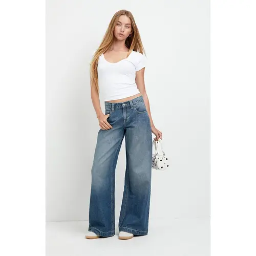 Pacsun Women's Sloane Low Rise Ultra Baggy Jeans Snap-Button Pocket Medium Blue
