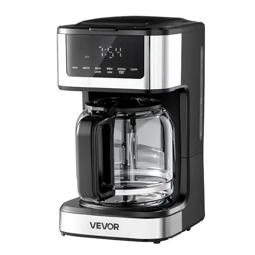 【Back to School】VEVOR 12-Cup Programmable Drip Coffee Maker with LCD Display, Touch Screen, 2 Brew Strengths, 4-Hour Keep Warm, 24-Hour Timer, Glass & PP Components for Home Use