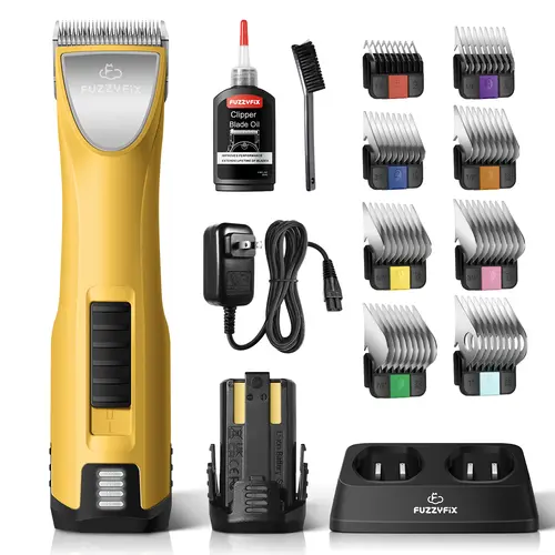 Fuzzyfix XVOLT Professional Dog Clippers for Thick Coats, Cordless Pet Grooming Clippers with Charging Dock, Low Noise Hair Trimmer for Curly and Matted Coats, Includes 8 Metal Guide Combs