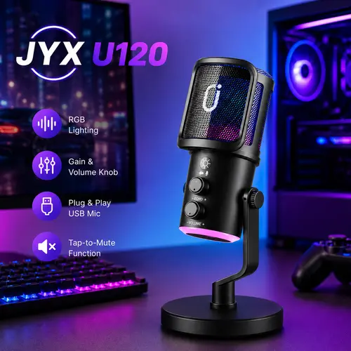 JYX U120 RGB Gaming Microphone - Noise-Canceling USB-C Plug-and-Play Audio Mic with RGB Lights, 1-Tap Mute, Headphone Jack, Compact Durable Metal Design for PC, Mac, PS5, PS4, Windows, Streaming, Recording,back to school,back to school haul