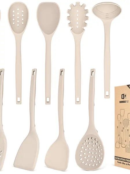BUNDLEPRO 9-Piece Silicone Cooking Set - Heat Resistant, BPA Free Kitchen Utensils Gadgets with Hanging Back Hooks, Ladle, Spatulas, Spoons, Skimmer, Stirring Tools, Pasta Fork for Non-Stick Cookware